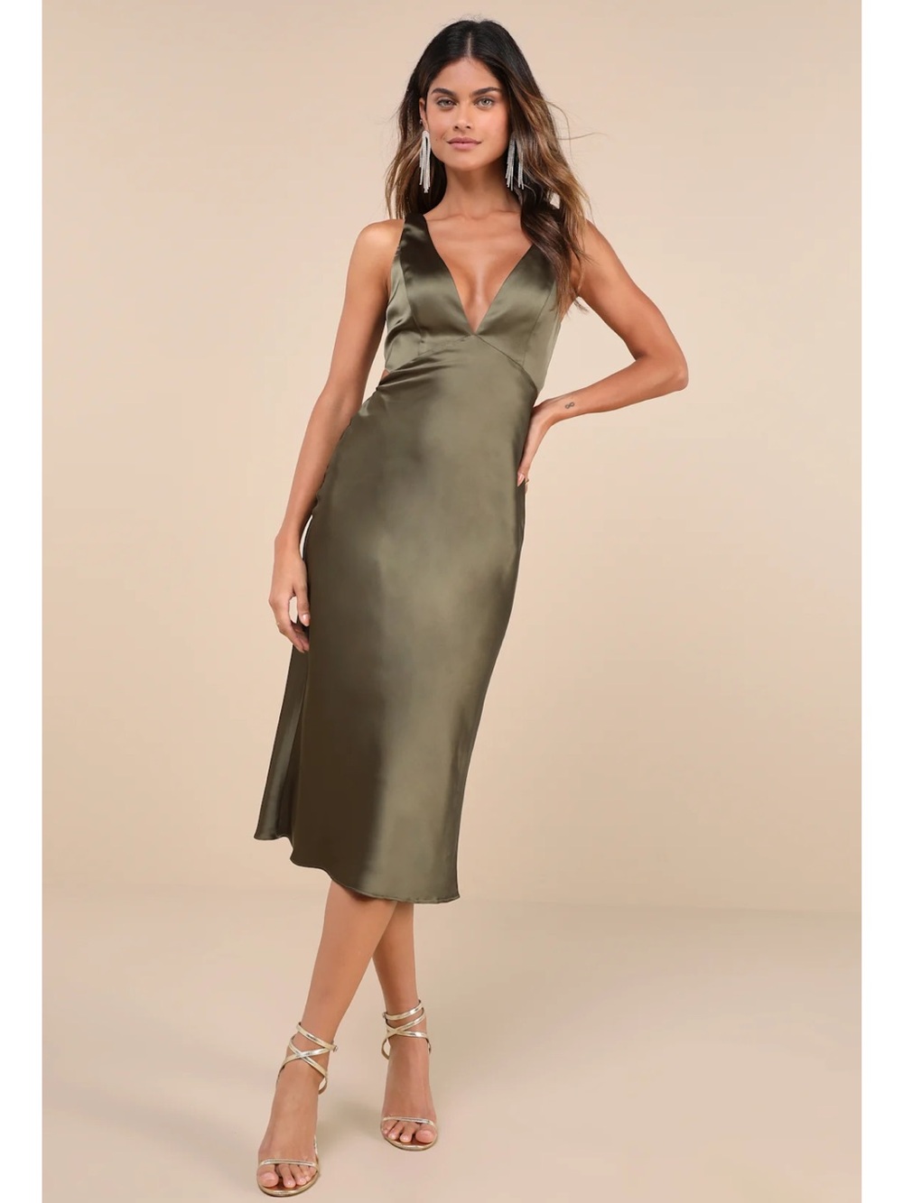 Lulus Unmatched Elegance Olive Satin Sleeveless V-Neck Cutout Midi Dress XS NWT